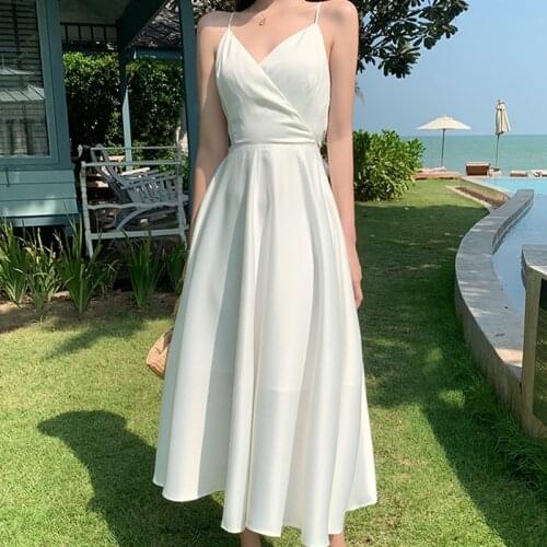 High Quality Womens Dress 2021 Summer Silk Satin Beach Dress Fashion Sexy White Halter Dress Seaside Beach Holiday Beach Dress