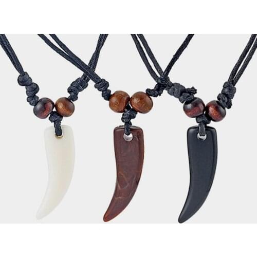 1Pcs Immitation Yak Bone Wolf Tooth Charms Pendant Amulet Wood Beads Black Wax Cord Pendant Necklace for Men&Women Jewelry
