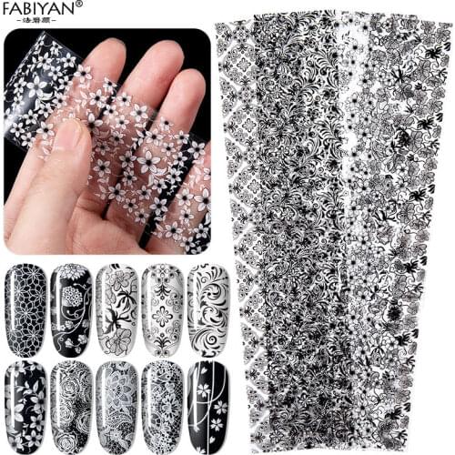 10Pcs/set Nail Art Black White Lace Flowers Mixed Design Stickers Transfer Foil Decal Manicure Glue Adhesive DIY Decorations