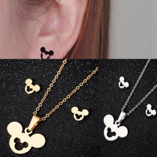 3pcs Disney pincess Mermaid lady stud earring+necklace Doll accessories women Mickey mouse jewelry minnie chain pendant