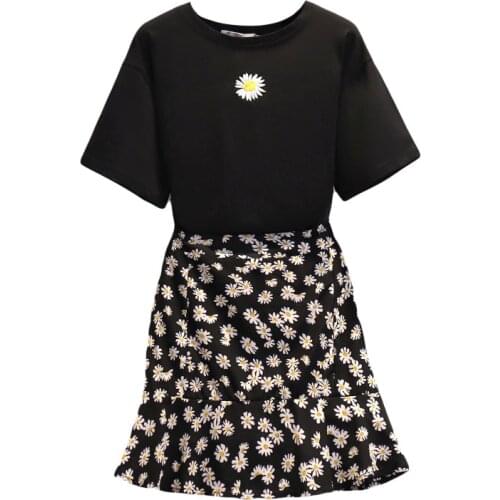 4XL Plus Size Women Summer Fashion Short Sleeve O Neck Slim T Shirt+Chic Floral Print Skirt 2 Piece Set Stylish Clothing Suit