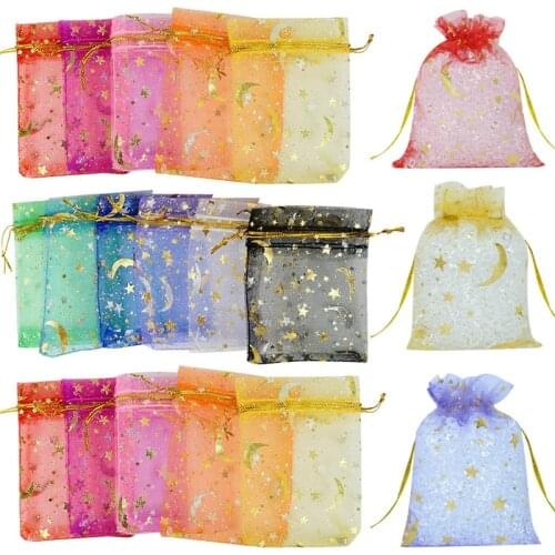 50Pcs 7x9cm Stars Moon Gauze Organza Bag Colorful Sheer Jewelry Packaging Bags For Wedding Birthday Party Gift Drawstring Pouch
