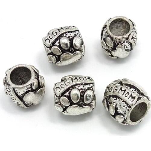Free Shipping 50pcs 10mm antique silver plated dog mom big hole alloy beads fit European bracelets DIY