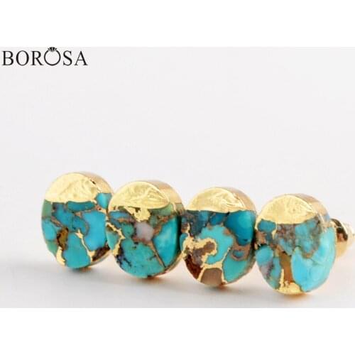 BOROSA Fashion Boho Blue Stone Stud Earrings Gold Plating Natural Turquoises Earrings Jewelry with Veins Women Girls Gifts G1982