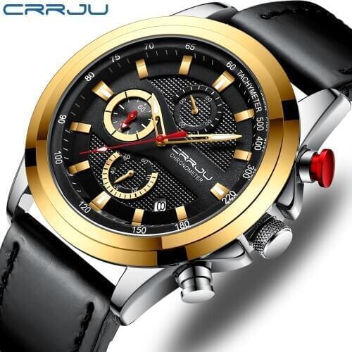 CRRJU Mens Watches Top Brand Luxury Fashion Chronograph Male Waterproof Clock Leather Sport Military Men Automatic Wristwatch