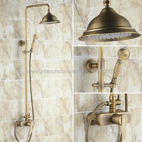 Antique Brass 8" Rainfall Shower Head Shower Set Faucet with Hand Shower Spray Mixer Tap Wall Mounted Krs171