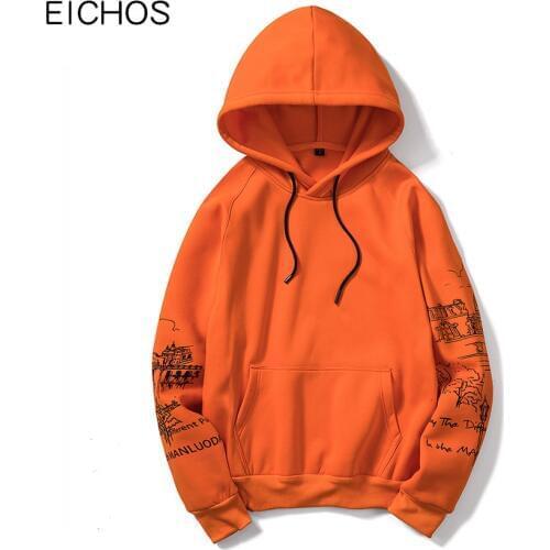 EICHOS 2020 Hip Hop Sleeve Printed Sweatshirts Men Casual Pullover Men Hoodie Sweatshirt Orange Black Streetwear Tops EU Size