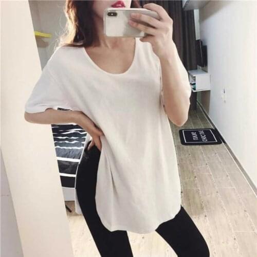 Casual Loose Tee Shirt White Black Basic T-shirts Women Casual Harajuku Summer New Long Tops Korean Side Slit T Shirt Dropship
