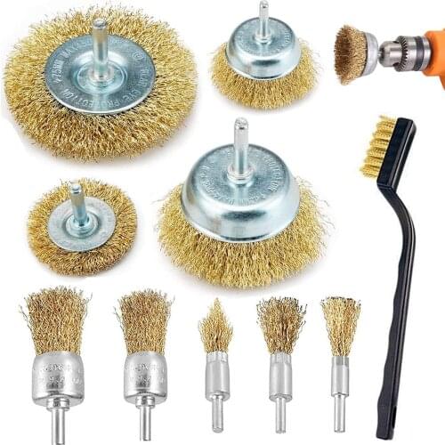 Steel wire brush wheel, brass coated steel wire brush wheel and cup brush group for 10psc bit are used to remove rust from bit