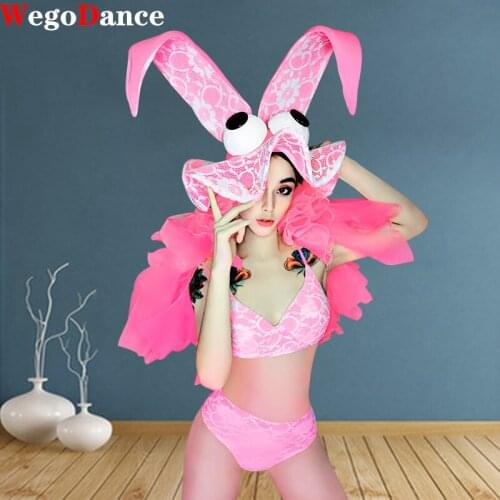Nightclub Jazz Pole Dance Bikini Set Performance Outfit Pink Lace Bra Panty Stage Rave Clothing Sexy Gogo
