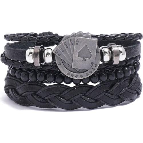 Retro Hand Woven Beaded Black Leather Bracelet DIY Suit Playing Card Pattern Mens Bracelet Street Hip Hop Party Jewelry
