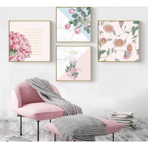 Colorful Nordic Style Pink Rose Flower Green Leaves Animal Deer Motto Canvas Painting Wall Picture Poster Living Room Decoration