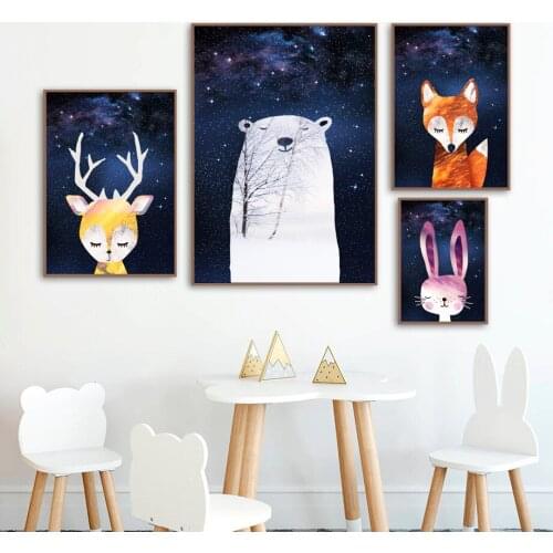Bear Rabbit Fox Deer Starry Sky Wall Art Canvas Painting Cartoon Nordic Posters And Prints Wall Picture Girl Boy Kids Room Decor