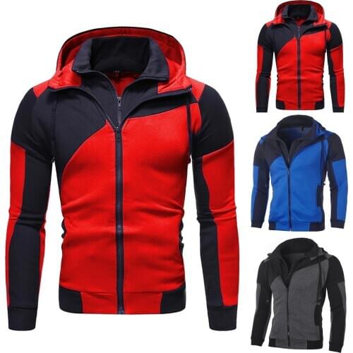 Men Autumn Winter Color Block Dual Zipper Sweatshirt Long Sleeve Hoodie Coat