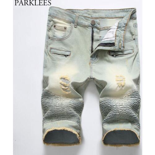 Mens Causual Biker Jean Shorts Brand Pleated Multi Pocket Denim Shorts Men Washed Cotton Slim Fit Retro Bermuda Jeans Masculina
