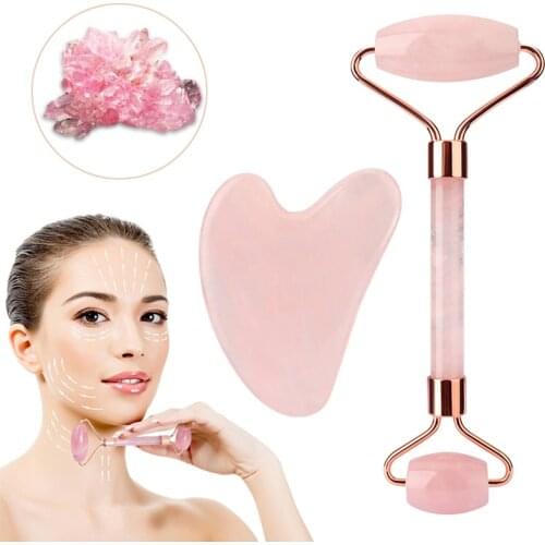 Natural Rose Quartz Jade Roller And Gua Sha Set Face Lifting Massager Crystal Roller Facial Massage Relaxation Beauty Skin Tool