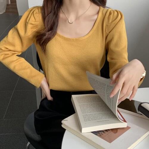 Solid Color Black Knitted Long Sleeve Top Korean Fashion WomenS T-Shirt Female Vintage Clothing Blouses 2021 Kawaii Harajuku