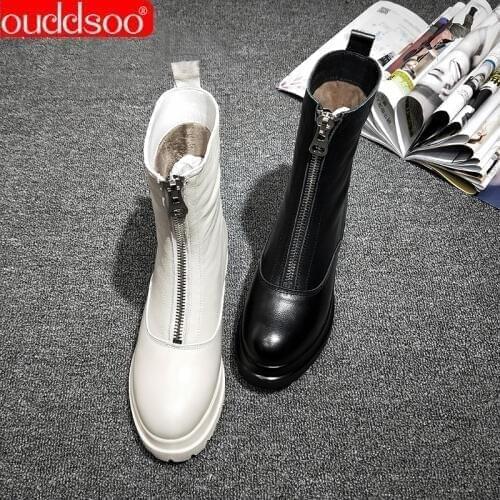 ODS Martin Boots Women Waterproof Flats Off White Genuine Leather Ankle Boots Handmade Womens Woman Shoes White Plus Size 41 42