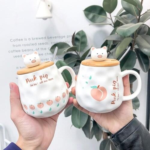 Cute cartoon wooden cover small pig grind big belly ceramic cup creative mug girls cup gift cup