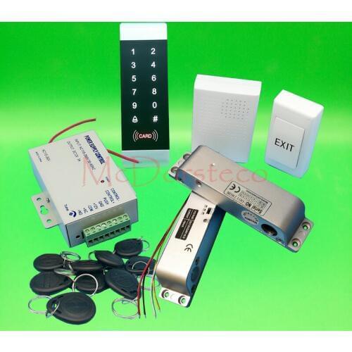 Complete 125khz Rfid Wood Door Lock control system Electronic Surface Drop Bolt Lock +Power supply+exit button+keyfobs