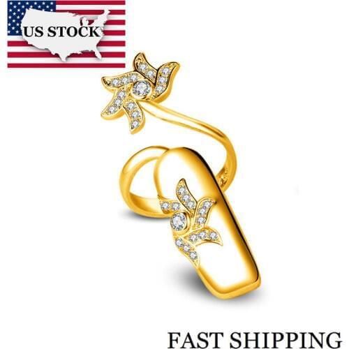 US STOCK Uloveido Finger Nail Rings for Women Resizable Flower Ring Gold Color Cute Anel Cubic Zirconia Ringen 5% SZ286G