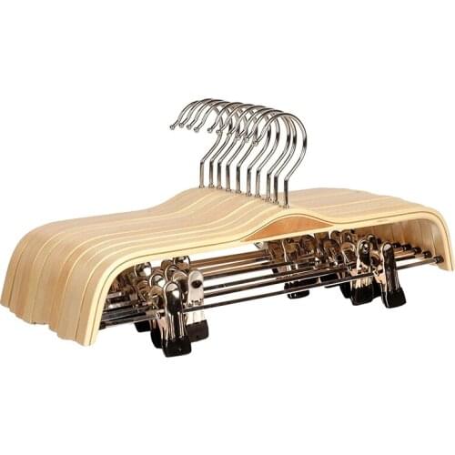 10 Pack Solid Finish Wooden Trousers/Skirt Hangers with Anti-Rust Clips Coat Clothes Hangers