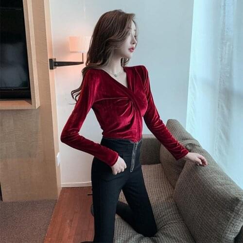 Blouse Women Gold Velvet Womens Long-Sleeved Dress 2020 V-neck Glossy Top Blusas Ropa De Mujer