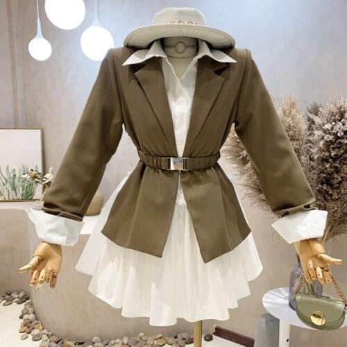 2021 Autumn New Korean Fashion Casual Two Piece Set Women Blazer Coat + Bow Shirt Dress Suits Ladies Streetwear 2 Piece Sets