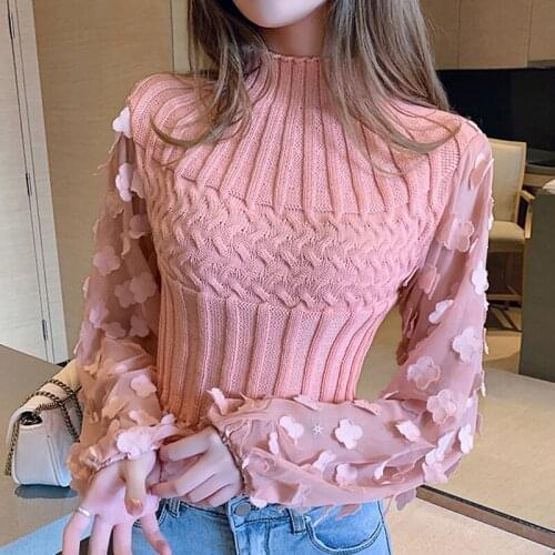 LJSXLS Autumn And Winter Korean Style Knitted Sweater Long Sleeve Patchwork Pullover Sweaters Women Sexy Cropped Tops Pull Femme
