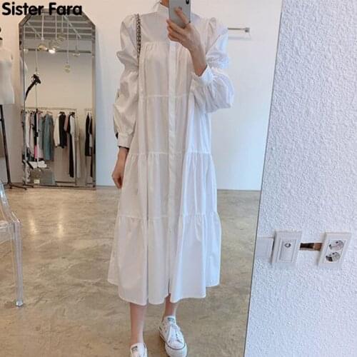 Sister Fara New Spring 2021 Draped Loose Dress Women O-Neck Puff Sleeve Dresses Single Breasted Office Lady Solid Mid-Calf Dress