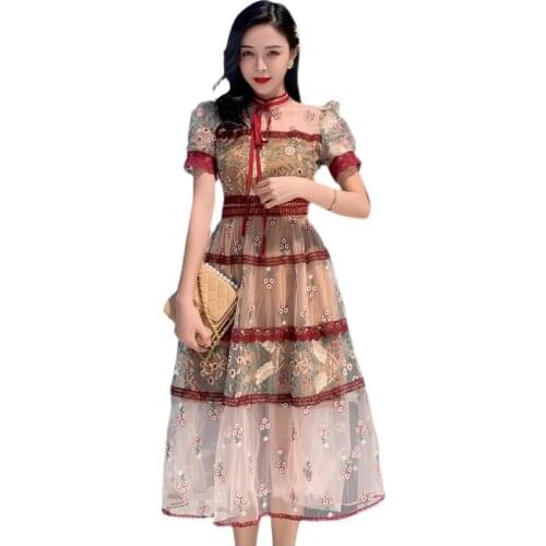 2021 New Summer Women Short Sleeve Dress High Quality Hollow Out Lace Patchwork Mesh Flowers Embroidery Vintage Dress