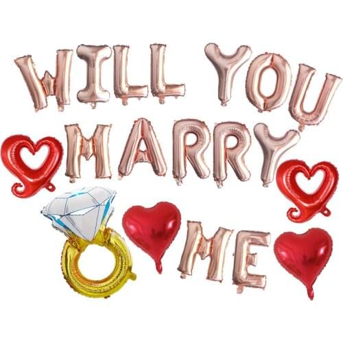 1set 16inch Rose Gold Will You Marry Me Foil Balloons 18 inch Heart Balloon for Weeding Birthday Party Bridal Shower Decorations