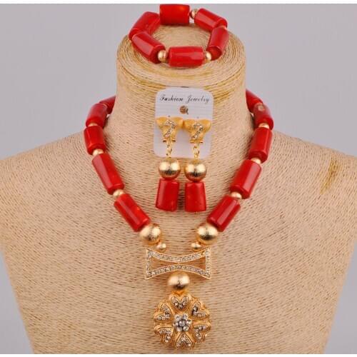 African Coral Beads Bridal Jewelry Sets Women Elegant Flower Pendant Necklace Bracelet Earrings Coral Jewelry Set 1C-B04