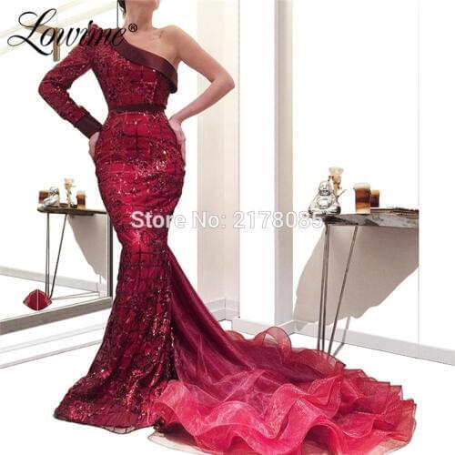 Burgundy One Shoulder Arabic Evening Dress 2019 Couture Mermaid Islamic Party Gown Kaftans Vestidos Long Sequined Prom Dresses