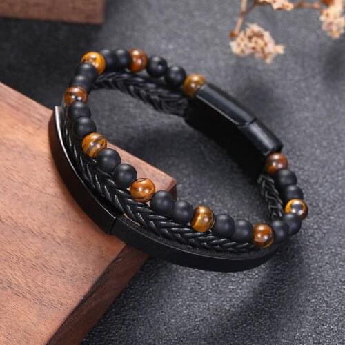 Tiger Eye Bead Bracelet Stainless Steel Accessories Multi-layer Leather Rope Woven Magnet Bracelet Mens Leather Black Bracelet