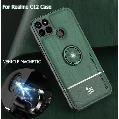 Bionic Wood Grain Mobile Phone Back Case For OPPO Realme C12 Magnetic Adsorption Ring Bracket Camera Lens Protecting Cover