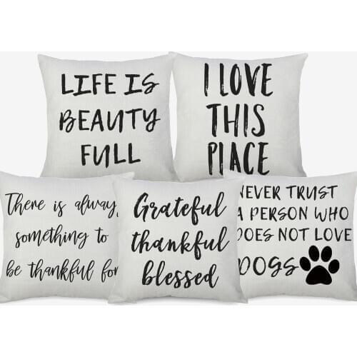 LIFE IS BEAUTY FULL HAPPY PLACE Cushion Covers English Phrase Words Thankful Blessed Cushion Cover Decorative Sofa Pillow Case