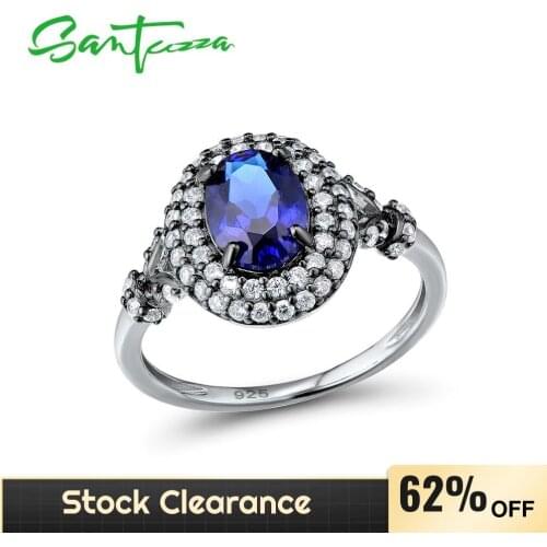 SANTUZZA Pure 925 Sterling Silver Rings for Woman Shiny Blue Stone White Cubic Zirconia Party Gift Trendy Fashion Jewelry