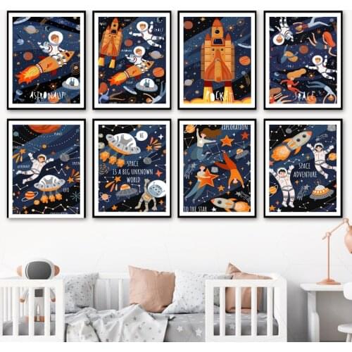 Space Astronaut Rocket Planet Alien UFO Nursery Wall Art Print Canvas Painting Nordic Poster Wall Pictures Baby Kids Room Decor