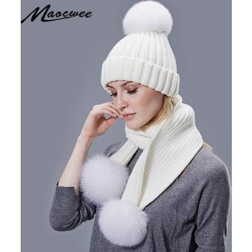 Real Fox Fur Pompon Beanie Hat Scarf Set For Children Women Winter Warm Beanies Hats Knitted Outdoor Cap Female High Quality Set