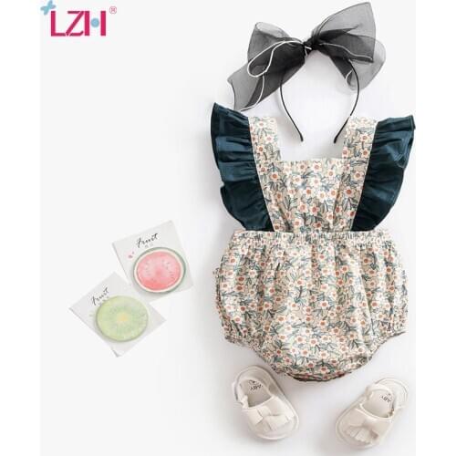 LZH 2021 New Summer Dark Green Border Floral Romper For Newborns Sleeveless Baby Clothes Girls Fashion Cotton Children Jumpsuit
