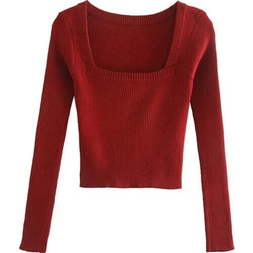 Autumn New Women French All-Match Fashion Retro Slim Long-Sleeved Short Square Neck Female Sweater