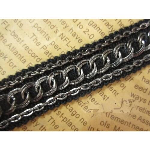 5yards Craft Black Braided Metal Chain Decorated Lace Ribbon Trim For Dress Clothes Accessories Trim