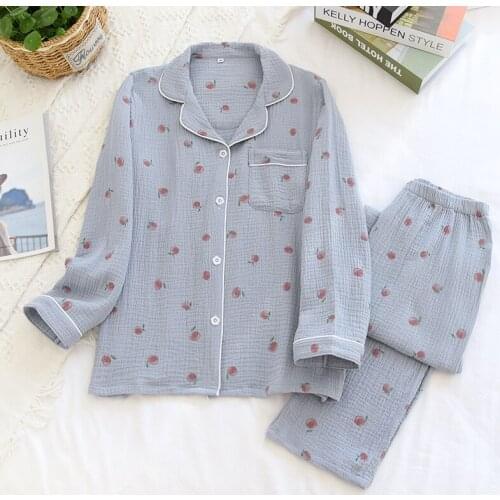 Spring Cotton Gauze Crepe Pijama Set Women Long-sleeved Pajamas Thin Two Piece Set Sleepwear Loose Soft Lounge Wear Home Clothes