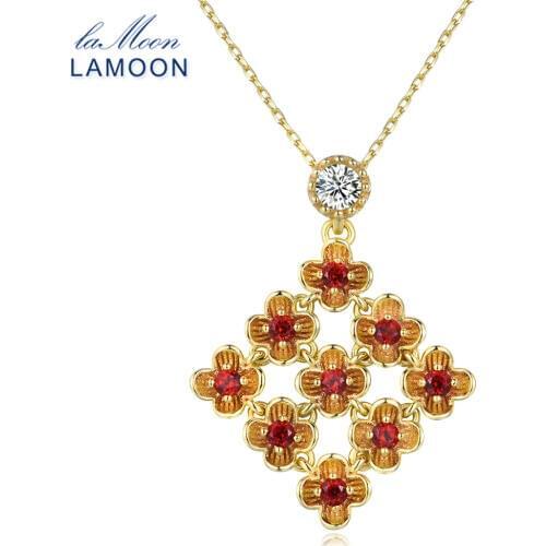 LAMOON 9 Pieces 5mm Natural Round Red Garnet 925 Sterling Silver Flower Chain Pendant Necklace Jewelry S925 LMNI029