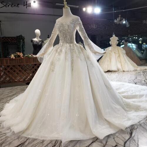 Ivory Luxury Long Sleeves Sexy Wedding Dresses 2020 Dubai High-end Beading O-Neck Bridal Gowns HX0235 Custom Made