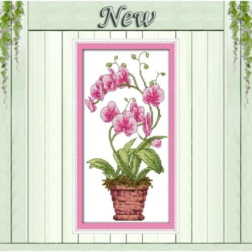 Pink butterfly orchid flowers vase paintings counted printed on canvas Cross Stitch kits DMC 11CT 14CT needlework Sets embroider