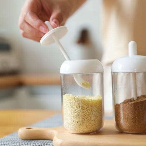 Sugar Bowl Salt Pot Pepper Storage Jar With Spoon BBQ Baking Spice Seasoning Plastic Container Spice Bottle Kitchen Accessories
