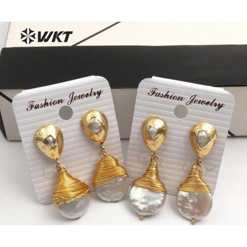 WT-E545 Natural Freshwater Pearl Earring Brass Wire Wrapped Pearl Earring Teardrop Shape Earring For Wedding Jewelry