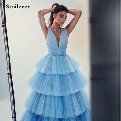 Smileven Sky Blue Spaghetti Strap Prom Gown Tiered Sexy V Neck Evening Dress Beaded Crystal Prom Party Dresses Custom Made